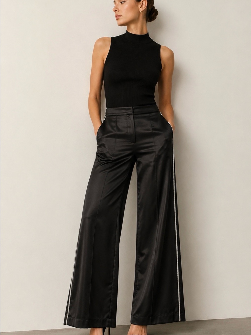 Jason Wu Black Satin Wide Leg Pants Crystal Side Stripe Size 6